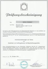 Zertifikat - Innenbeschichtung